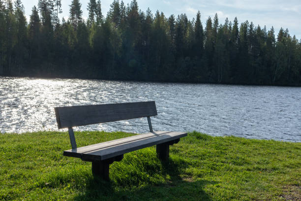 istock Wooden bench finish river Recreation area on river 1262970287
