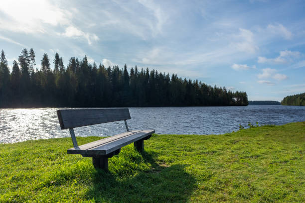 istock Wooden bench finish river Recreation area on river 1262970310