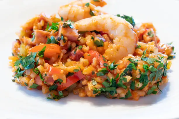 Creole Jambalaya on a White Plate, a Typical Cajun Cuisine Dish rom New Orleans, Louisiana with Shrimp