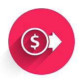 istock White Coin money with dollar symbol icon isolated with long shadow. Banking currency sign. Cash symbol. Red circle button. Vector Illustration 1262979378