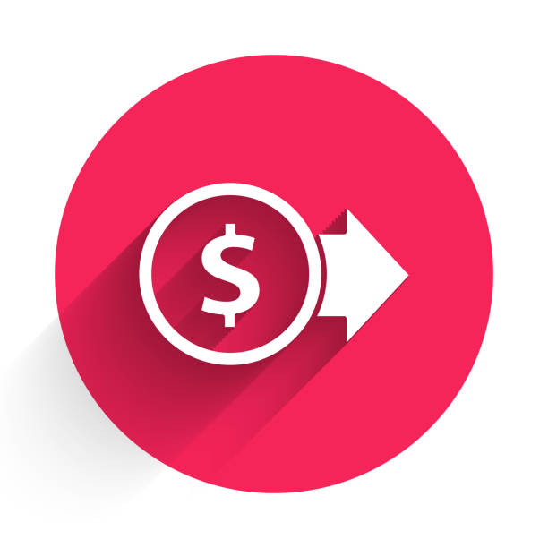 White Coin money with dollar symbol icon isolated with long shadow. Banking currency sign. Cash symbol. Red circle button. Vector Illustration White Coin money with dollar symbol icon isolated with long shadow. Banking currency sign. Cash symbol. Red circle button. Vector Illustration bank financial building clipart stock illustrations