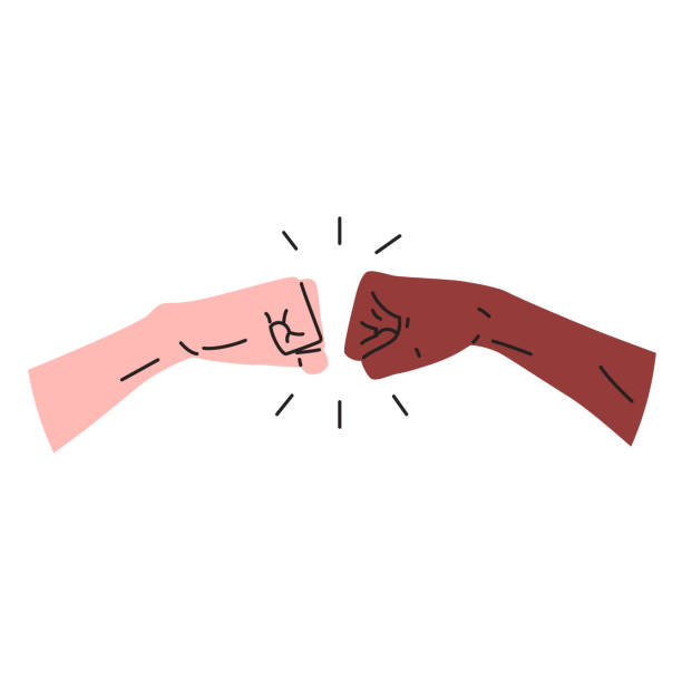 faust-bump-symbol. vektor-illustration von zwei händen, die einen fauststoß für große arbeit. schwarz und weiß interracial hände bumoing fäuste. konzept von teamwork, partnerschaft, freundschaft, geist hände geste - männerfreundschaft stock-grafiken, -clipart, -cartoons und -symbole