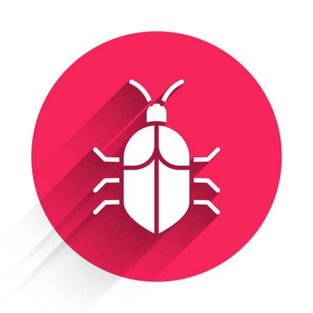 white system bug concept icon isoliert mit langem schatten. code-fehler-konzept. fehler im system. fehlersuche. roter kreis-taste. vektor-illustration - computerfehler stock-grafiken, -clipart, -cartoons und -symbole