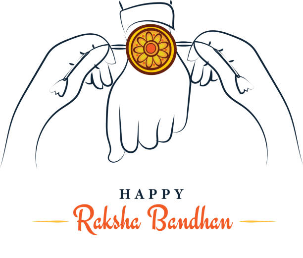 Happy Raksha Bandhan, sister tying rakhi to brother sketchy greeting poster, card, vector illustration Happy Raksha Bandhan, sister tying rakhi to brother, sketchy greeting poster, card, flat illustration, vector rakhi stock illustrations