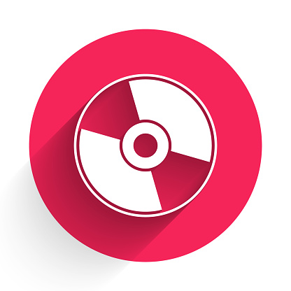 White CD or DVD disk icon isolated with long shadow. Compact disc sign. Red circle button. Vector Illustration