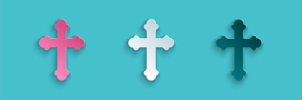 Paper cut Christian cross icon isolated on blue background. Church cross. Paper art style. Vector Illustration Paper cut Christian cross icon isolated on blue background. Church cross. Paper art style. Vector Illustration crucifix illustrations stock illustrations