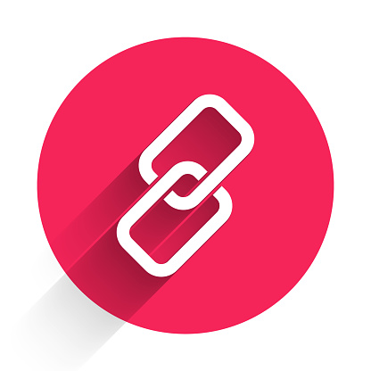 White Chain link icon isolated with long shadow. Link single. Red circle button. Vector Illustration
