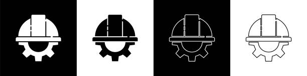 set worker schutzhelm und ausrüstung symbol isoliert auf schwarz-weiß hintergrund. vektor-illustration - baugewerbe stock-grafiken, -clipart, -cartoons und -symbole