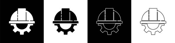 ilustraciones, imágenes clip art, dibujos animados e iconos de stock de establecer el casco de seguridad del trabajador y el icono de engranaje aislado en el fondo blanco y negro. ilustración vectorial - engineering works