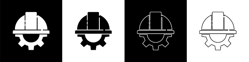 istock Set Worker safety helmet and gear icon isolated on black and white background. Vector Illustration 1262984583