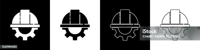 istock Set Worker safety helmet and gear icon isolated on black and white background. Vector Illustration 1262984583