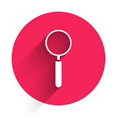 istock White Magnifying glass icon isolated with long shadow. Search, focus, zoom, business symbol. Red circle button. Vector Illustration 1262984661