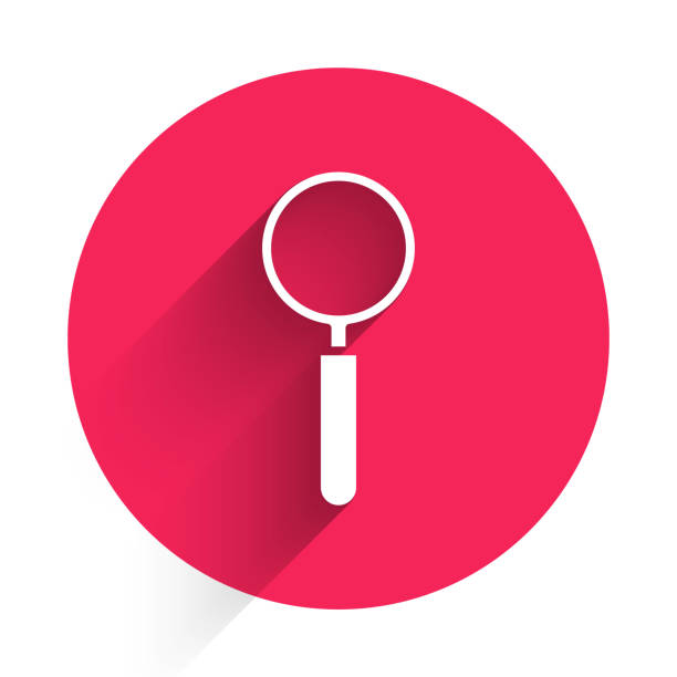 White Magnifying glass icon isolated with long shadow. Search, focus, zoom, business symbol. Red circle button. Vector Illustration White Magnifying glass icon isolated with long shadow. Search, focus, zoom, business symbol. Red circle button. Vector Illustration exploration stock illustrations