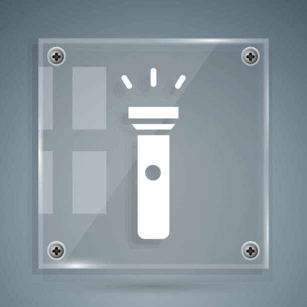 ilustrações de stock, clip art, desenhos animados e ícones de white flashlight icon isolated on grey background. square glass panels. vector illustration - control panel flash