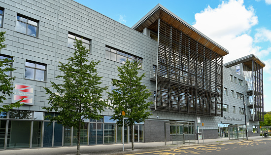 Ebbw Vale, Wales - July 2020: Exterior front view of the Ebbw Vale building of the further education college \