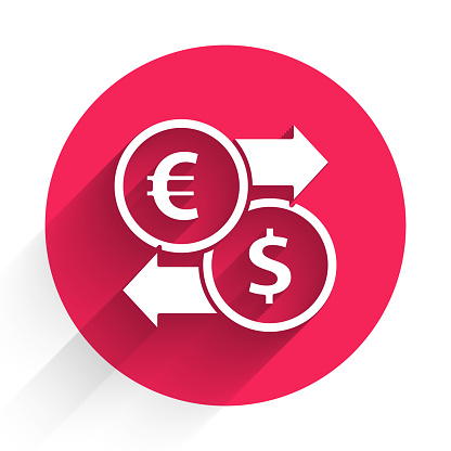 White Money exchange icon isolated with long shadow. Euro and Dollar cash transfer symbol. Banking currency sign. Red circle button. Vector Illustration