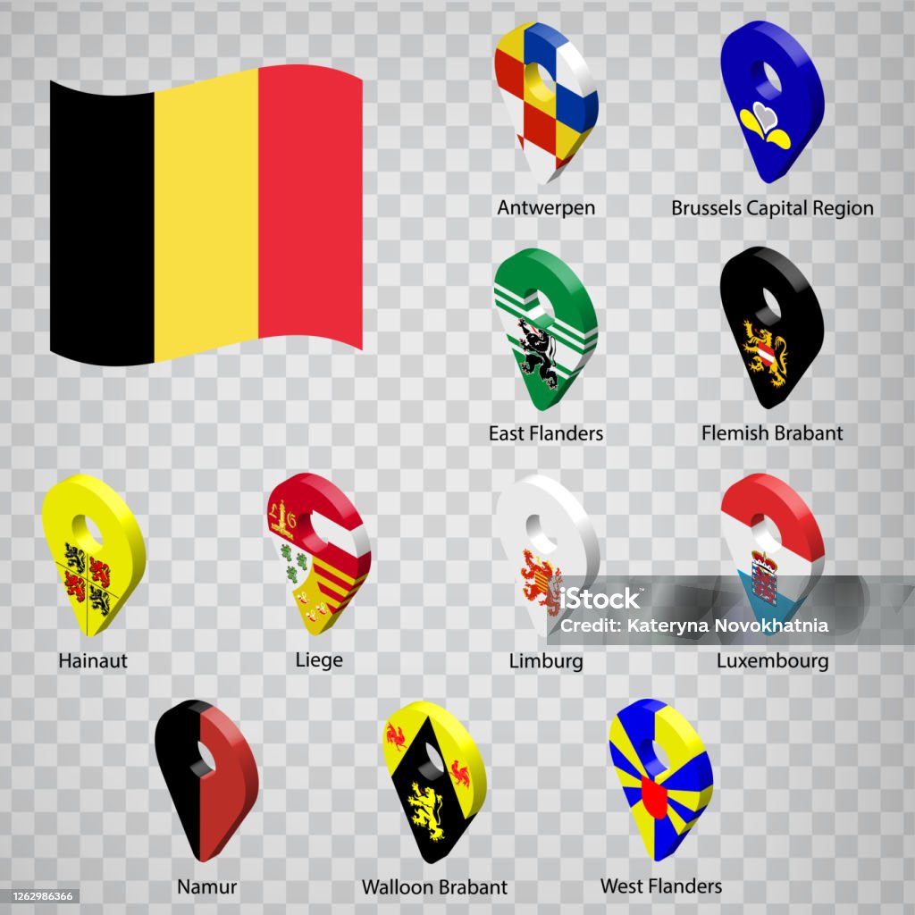 Eleven flags the Provinces of Belgium  - alphabetical order with name.  Set of 3d geolocation signs like flags Provinces of Belgium.  Eleven 3d geolocation signs for your design. EPS10. Antwerp City - Belgium stock vector Eleven flags the Provinces of Belgium  - alphabetical order with name.  Set of 3d geolocation signs like flags Provinces of Belgium.  Eleven 3d geolocation signs for your design. EPS10. Antwerp City - Belgium stock vector