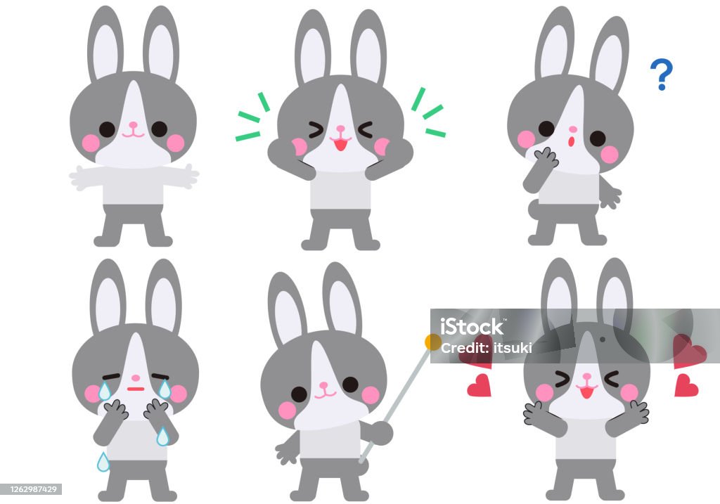 Gesture Style Drawing Rabbit Rabbit Character Gesture And Facial Expression Set Stock Illustration ...