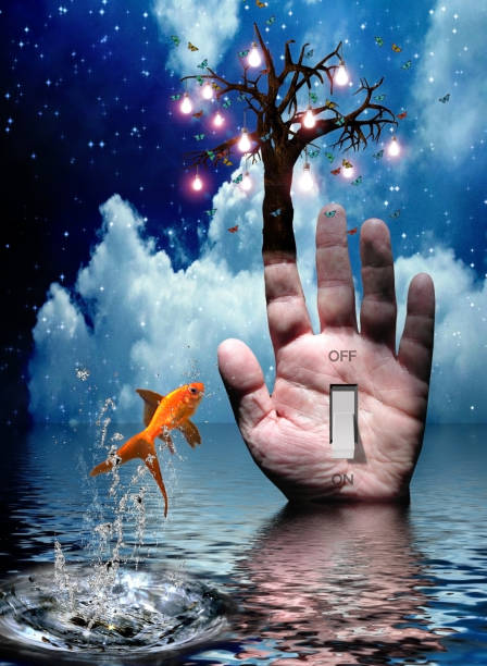 Hand Switch Hand with switch and light tree. 3D rendering tree with light bulb roots stock pictures, royalty-free photos & images