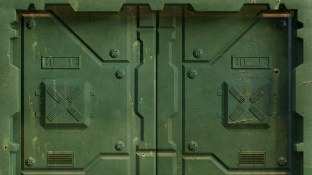 Military green sci fi door of spacecraft installations and futuristic scientific research centers, isolated. Military green sci fi door of spacecraft installations and futuristic scientific research centers, isolated. 3D rendering soldier on the wall stock pictures, royalty-free photos & images