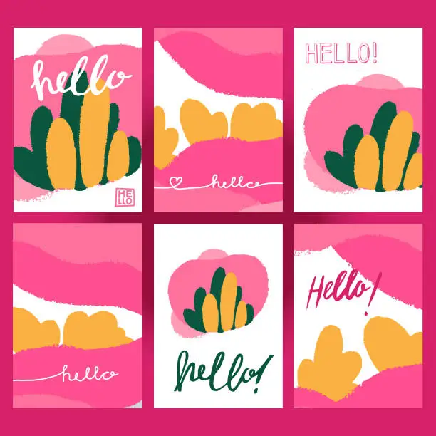 Vector illustration of Set of six colorful cards with liquid shapes, leaves and text. Vector A5, A4 format templates for greeting, wedding cards, holiday posters, banners, invitations. HELLO - text. Pink, yellow, green.