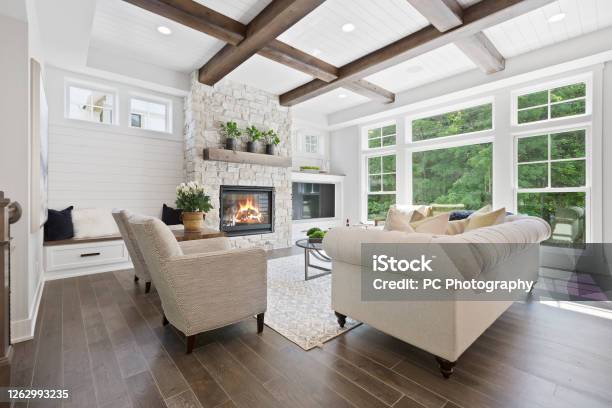Family Room With A Wall Full Of Windows Stock Photo - Download Image Now - Home Interior, Luxury, Living Room