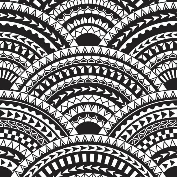 Vector illustration of Seamless pattern with geometrical wavy fish scale layout. Maori geometrical ornaments, black and white stripes. Wallpaper, wrapping, chintz print, Batik paint. 28 pattern brushes in the brush palette