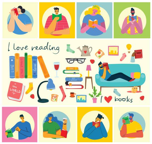 ilustrações de stock, clip art, desenhos animados e ícones de vector concept illustrations of world book day, reading the books and book festival in the flat style. people sit, stand and walk and read a book - editorial concepts and ideas retail place store
