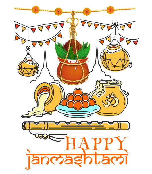 Greeting card for Krishna Janmashtami. Dahi Handi Happy Janmashtami. Dahi Handi. Sweet Janmashtami. Creative design for celebrating Krishna birthday. Vector illustration dahi handi stock illustrations
