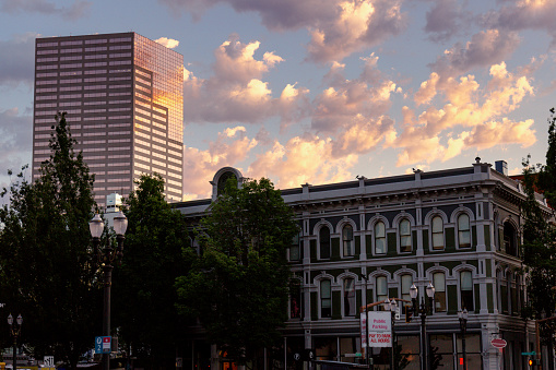 A view of several different downtown Portland Oregon buildings. Shot at sunrise, early morning, using natural light.