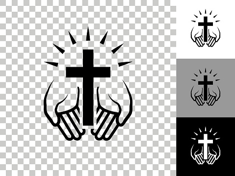 Christian Cross Icon on Checkerboard Transparent Background. This 100% royalty free vector illustration is featuring the icon on a checkerboard pattern transparent background. There are 3 additional color variations on the right..