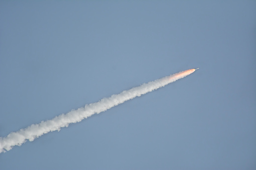 July 30, 2020 - Cape Canaveral, Florida: A United Launch Alliance Atlas V Rocket in the air carrying a payload to Mars. The payload is the Mars rover Perseverance. This is a view from Jetty Park, a popular public viewing area about 8 miles from the launch pad.