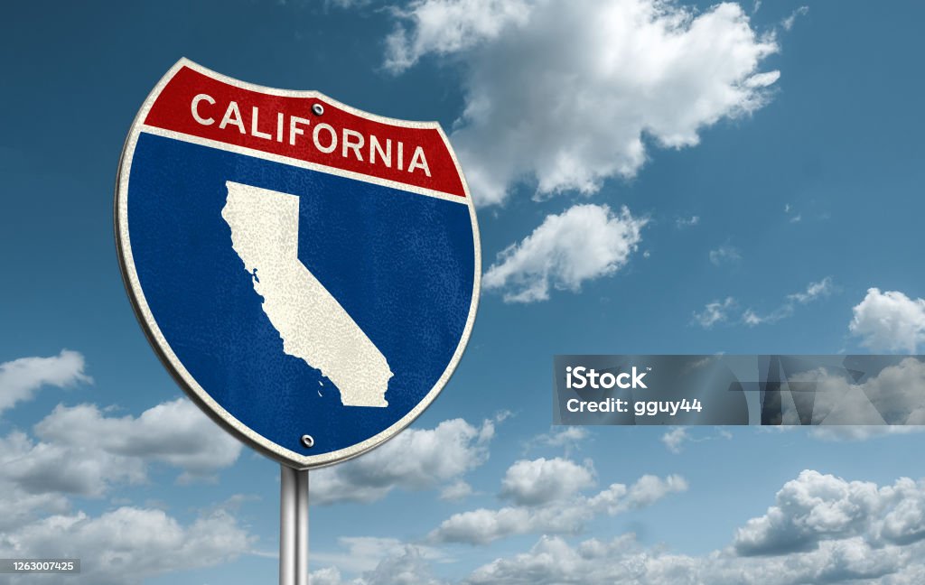 California - Interstate roadsign illustration with the map of California California Stock Photo