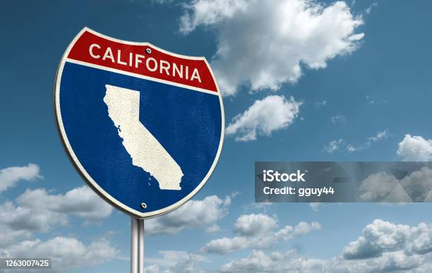 California Interstate Roadsign Illustration With The Map Of California Stock Photo - Download Image Now