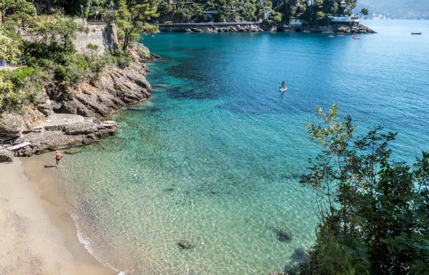The bay of Paraggi in Portofino with green and transparent water stock photo