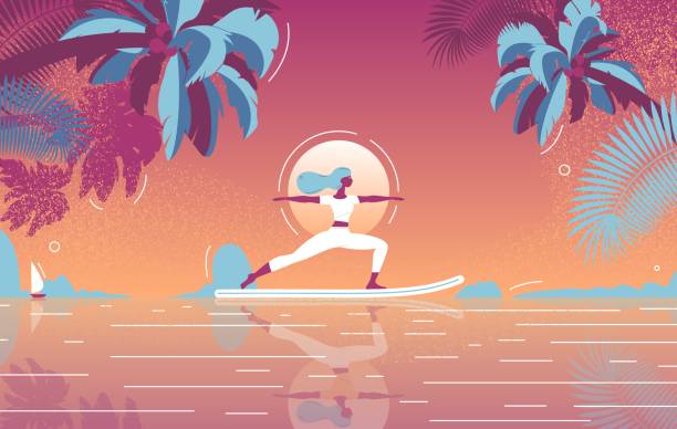 sonnenuntergang sup yoga vektor konzept illustration. tropisches paradies mit frau flachen charakter, palmen und meereslandschaft in lebendigen farben. - silhouette nautical vessel sea morning stock-grafiken, -clipart, -cartoons und -symbole