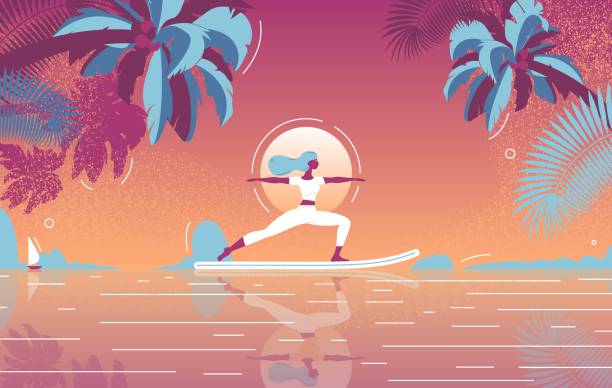 ilustrações, clipart, desenhos animados e ícones de ilustração do conceito de vetor de sunset sup yoga. paraíso tropical com caráter plano feminino, palmas e paisagem do mar em cores vibrantes. - silhouette nautical vessel sea morning