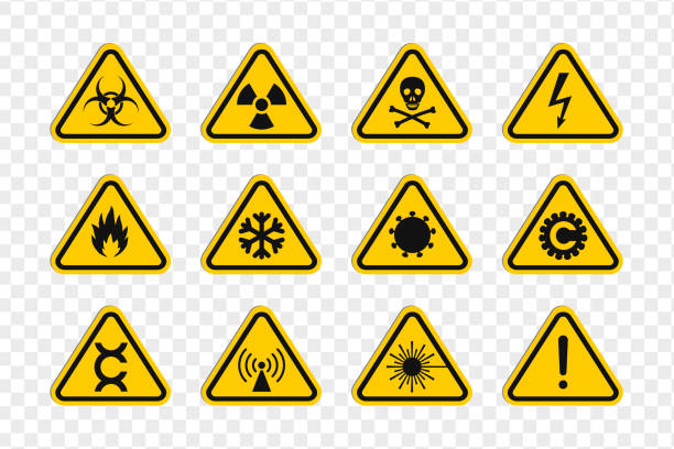 ハザード警告の丸い三角形の兆候。さまざまな危険記号を持つ三角形の標識。 - carcinogens点のイラスト素材／クリップアート素材／マンガ素材／アイコン素材