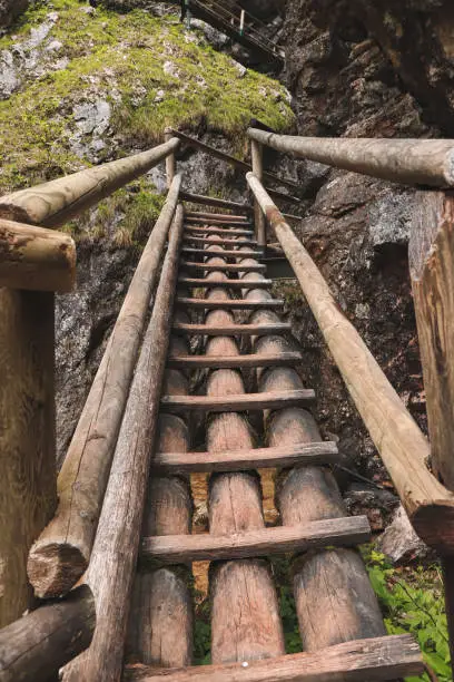 Very dangerous trail along wooden ladders in the southeast of Austria in the Fischbach Alps to top of the Hochlantsch through  beautiful gorge, where there are countless waterfalls. Barenschutzklamm.