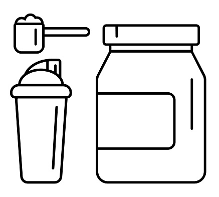 Sport nutrition supplement drink vector linear icons set. Whey protein package, scoop and shaker illustration.