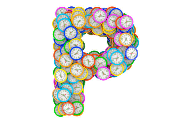 istock Letter P from colored wall clocks, 3D rendering isolated on white background 1263018318