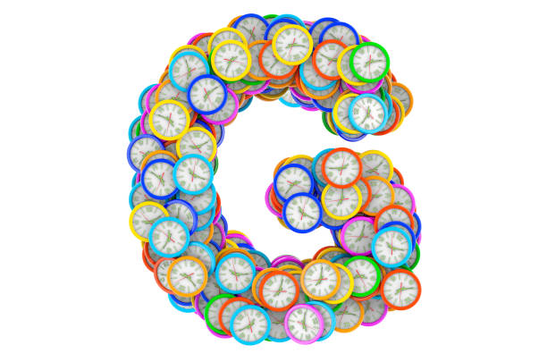 istock Letter G from colored wall clocks, 3D rendering isolated on white background 1263018348