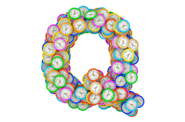 istock Letter Q from colored wall clocks, 3D rendering isolated on white background 1263018394