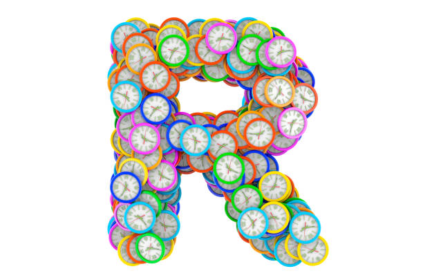 istock Letter R from colored wall clocks, 3D rendering isolated on white background 1263018418