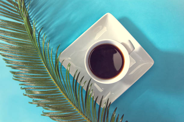 A serene composition featuring a white cup with a rooster design placed amidst vibrant aloe vera plants on a teal-colored balcony railing. The blurred background showcases lush greenery and a rocky hill, evoking a sense of tranquility and connection with nature. Perfect for themes related to relaxation, gardening, or a peaceful morning routine.