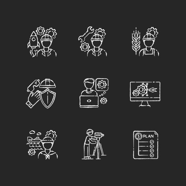 istock Industrial production worker chalk white icons set on black background 1263019456