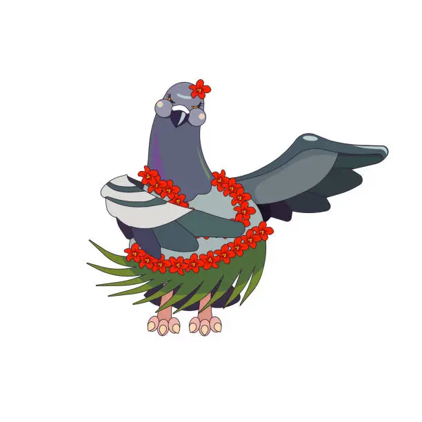 Vector illustration of Rock Pigeon is dancing Hula in traditional Hawaiian clothes on white isolated background, vector illustration in Cartoon style, concept of Dancing, Travelling, Hobby, Tropical Lifestyle and Relax.
