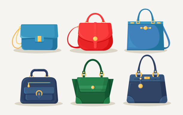 ilustrações, clipart, desenhos animados e ícones de bolsa feminina para compras, viagens, férias. saco de couro com alça isolada no fundo branco. linda coleção casual de acessórios de mulher de verão. design plano vetorial - mala