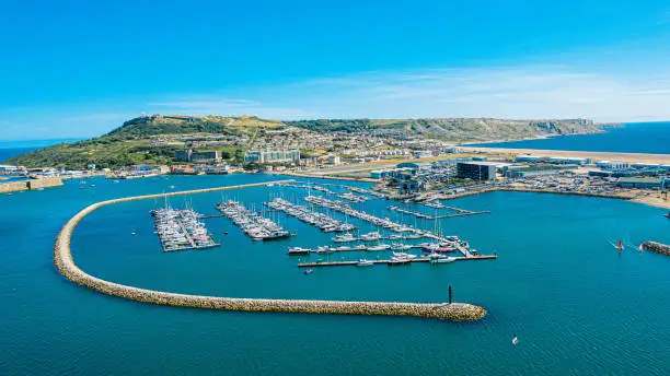 Isle of Portland from the air. This picture shows the marina, sea, sky and port.