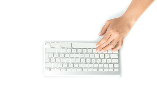 istock Computer training. Female online work female. Hand typing on desktop office computer keyboard. Woman using laptop. Blogger working online concept. 1263026289